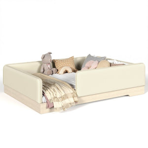English Elm Full Size Montessori Floor Bed Faux Leather Kids Platform with Removable Guardrails Beige W1580S00671