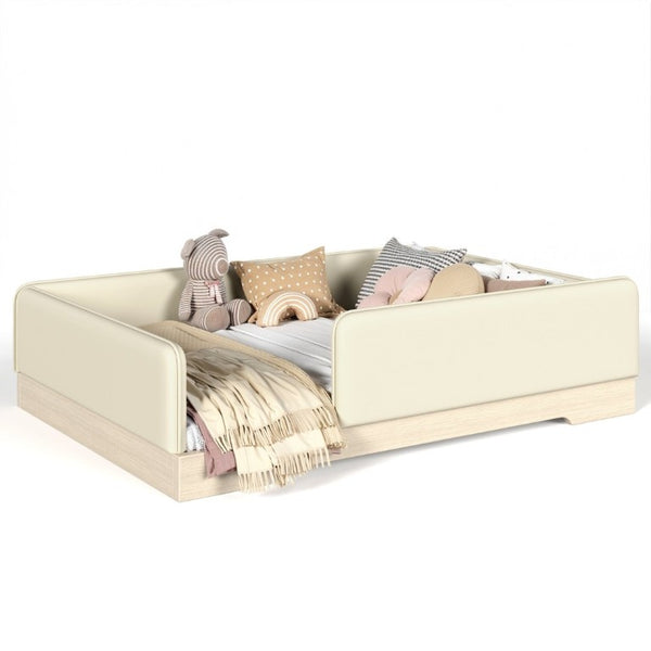 English Elm Full Size Montessori Floor Bed Faux Leather Kids Platform with Removable Guardrails Beige W1580S00671