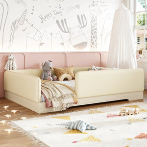 English Elm Full Size Montessori Floor Bed Faux Leather Kids Platform with Removable Guardrails Beige W1580S00671