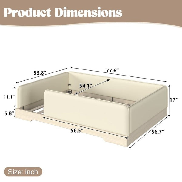 English Elm Full Size Montessori Floor Bed Faux Leather Kids Platform with Removable Guardrails Beige W1580S00671