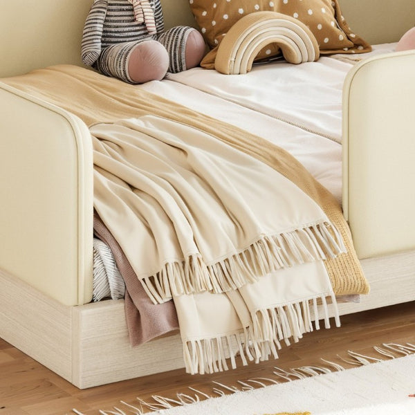English Elm Full Size Montessori Floor Bed Faux Leather Kids Platform with Removable Guardrails Beige W1580S00671