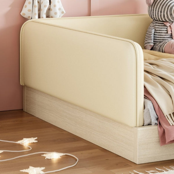 English Elm Full Size Montessori Floor Bed Faux Leather Kids Platform with Removable Guardrails Beige W1580S00671
