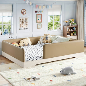 English Elm Queen Montessori Floor Bed Padded Faux Leather Kids Platform with Removable Rails Brown W1580S00672