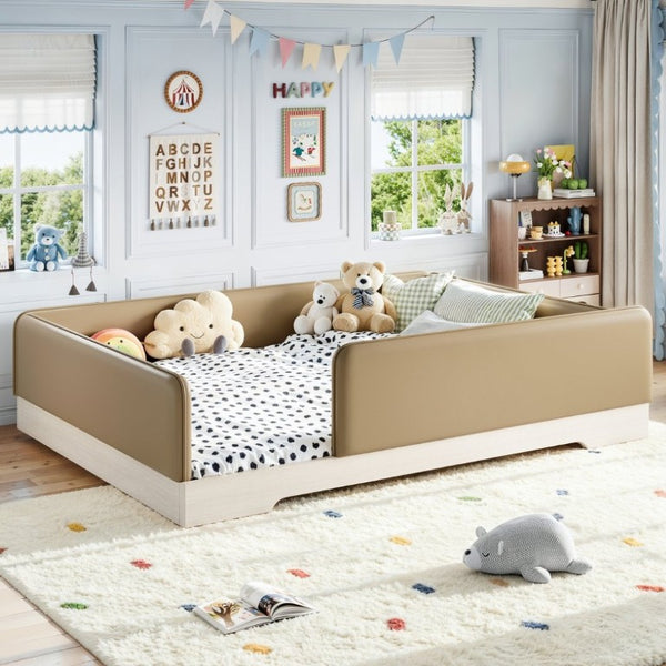 English Elm Queen Montessori Floor Bed Padded Faux Leather Kids Platform with Removable Rails Brown W1580S00672