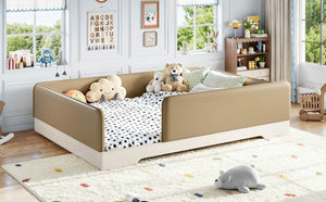 English Elm Queen Montessori Floor Bed Padded Faux Leather Kids Platform with Removable Rails Brown W1580S00672