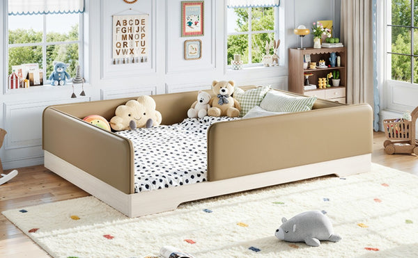 English Elm Queen Montessori Floor Bed Padded Faux Leather Kids Platform with Removable Rails Brown W1580S00672