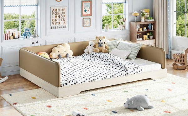 English Elm Queen Montessori Floor Bed Padded Faux Leather Kids Platform with Removable Rails Brown W1580S00672
