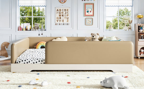 English Elm Queen Montessori Floor Bed Padded Faux Leather Kids Platform with Removable Rails Brown W1580S00672