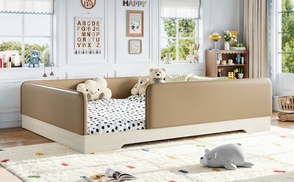 English Elm Queen Montessori Floor Bed Padded Faux Leather Kids Platform with Removable Rails Brown W1580S00672