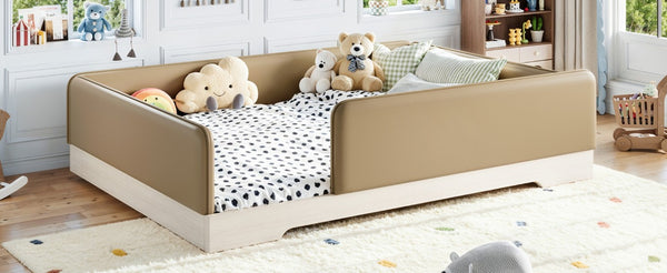 English Elm Queen Montessori Floor Bed Padded Faux Leather Kids Platform with Removable Rails Brown W1580S00672