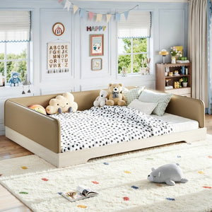 English Elm Queen Montessori Floor Bed Padded Faux Leather Kids Platform with Removable Rails Brown W1580S00672