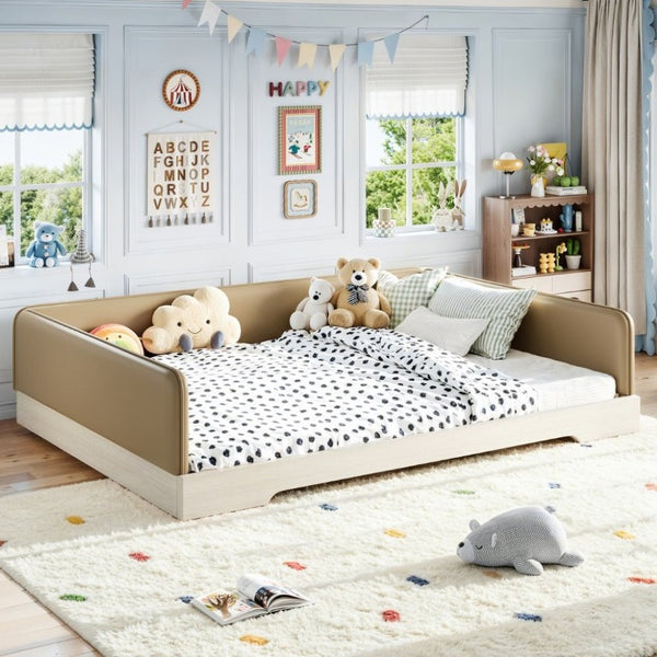 English Elm Queen Montessori Floor Bed Padded Faux Leather Kids Platform with Removable Rails Brown W1580S00672
