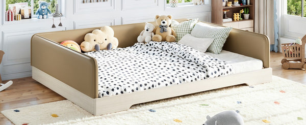 English Elm Queen Montessori Floor Bed Padded Faux Leather Kids Platform with Removable Rails Brown W1580S00672