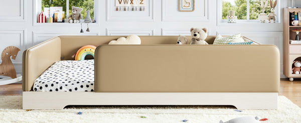 English Elm Queen Montessori Floor Bed Padded Faux Leather Kids Platform with Removable Rails Brown W1580S00672