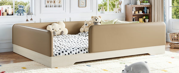 English Elm Queen Montessori Floor Bed Padded Faux Leather Kids Platform with Removable Rails Brown W1580S00672