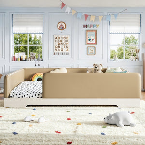 English Elm Queen Montessori Floor Bed Padded Faux Leather Kids Platform with Removable Rails Brown W1580S00672