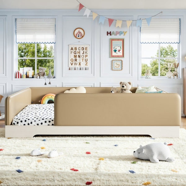 English Elm Queen Montessori Floor Bed Padded Faux Leather Kids Platform with Removable Rails Brown W1580S00672