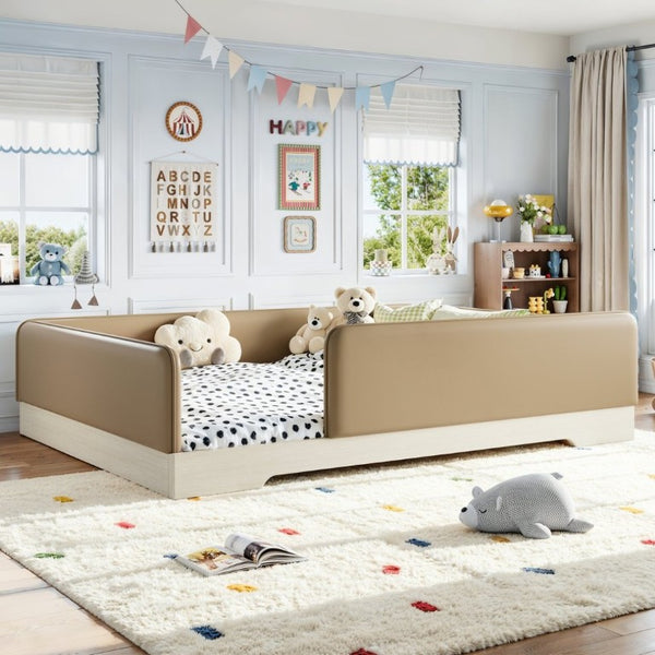 English Elm Queen Montessori Floor Bed Padded Faux Leather Kids Platform with Removable Rails Brown W1580S00672