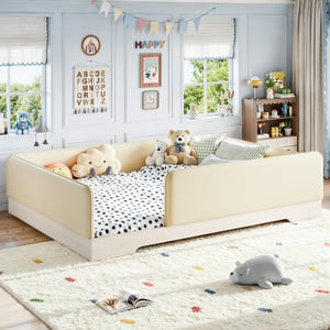 English Elm Queen Montessori Floor Bed Padded Faux Leather Kids Platform with Removable Rails Beige W1580S00673