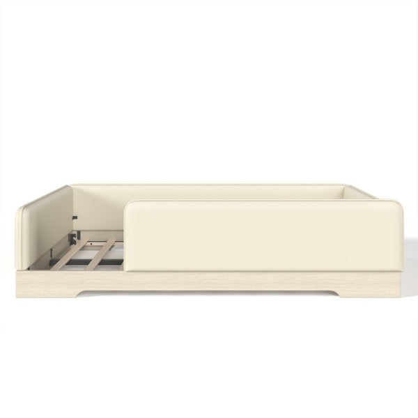 English Elm Queen Montessori Floor Bed Padded Faux Leather Kids Platform with Removable Rails Beige W1580S00673