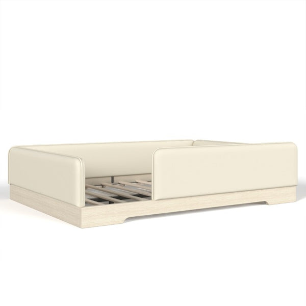 English Elm Queen Montessori Floor Bed Padded Faux Leather Kids Platform with Removable Rails Beige W1580S00673