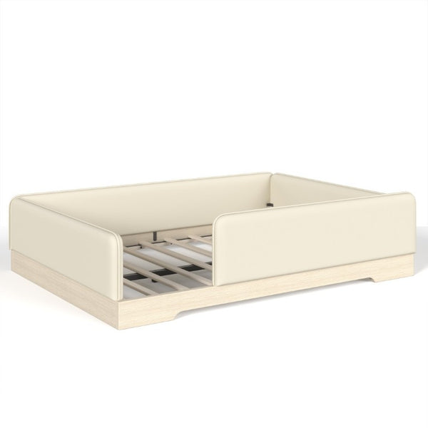 English Elm Queen Montessori Floor Bed Padded Faux Leather Kids Platform with Removable Rails Beige W1580S00673