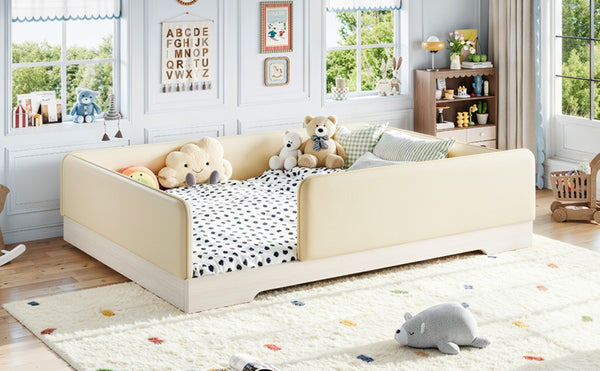 English Elm Queen Montessori Floor Bed Padded Faux Leather Kids Platform with Removable Rails Beige W1580S00673
