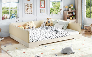 English Elm Queen Montessori Floor Bed Padded Faux Leather Kids Platform with Removable Rails Beige W1580S00673