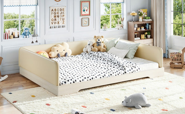 English Elm Queen Montessori Floor Bed Padded Faux Leather Kids Platform with Removable Rails Beige W1580S00673