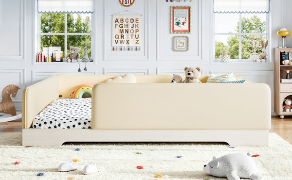 English Elm Queen Montessori Floor Bed Padded Faux Leather Kids Platform with Removable Rails Beige W1580S00673