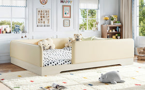 English Elm Queen Montessori Floor Bed Padded Faux Leather Kids Platform with Removable Rails Beige W1580S00673