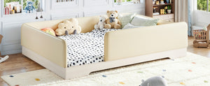 English Elm Queen Montessori Floor Bed Padded Faux Leather Kids Platform with Removable Rails Beige W1580S00673