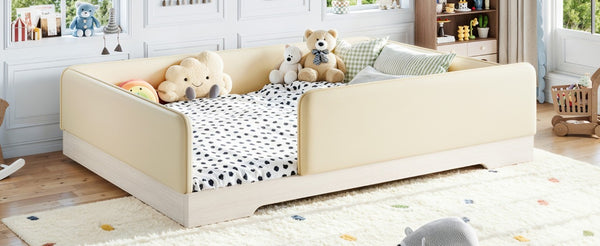 English Elm Queen Montessori Floor Bed Padded Faux Leather Kids Platform with Removable Rails Beige W1580S00673
