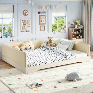 English Elm Queen Montessori Floor Bed Padded Faux Leather Kids Platform with Removable Rails Beige W1580S00673