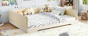 English Elm Queen Montessori Floor Bed Padded Faux Leather Kids Platform with Removable Rails Beige W1580S00673