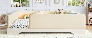 English Elm Queen Montessori Floor Bed Padded Faux Leather Kids Platform with Removable Rails Beige W1580S00673