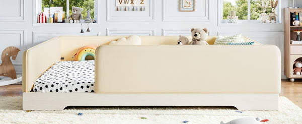 English Elm Queen Montessori Floor Bed Padded Faux Leather Kids Platform with Removable Rails Beige W1580S00673