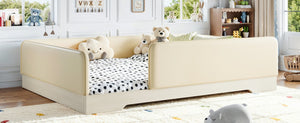 English Elm Queen Montessori Floor Bed Padded Faux Leather Kids Platform with Removable Rails Beige W1580S00673