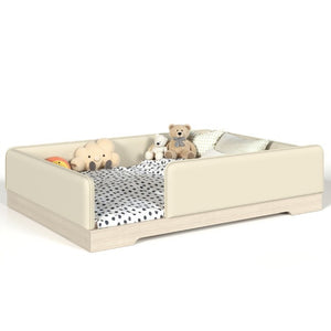 English Elm Queen Montessori Floor Bed Padded Faux Leather Kids Platform with Removable Rails Beige W1580S00673