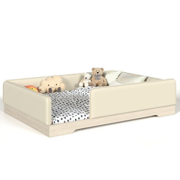 English Elm Queen Montessori Floor Bed Padded Faux Leather Kids Platform with Removable Rails Beige W1580S00673