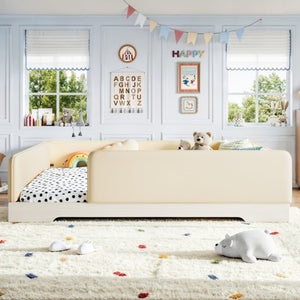 English Elm Queen Montessori Floor Bed Padded Faux Leather Kids Platform with Removable Rails Beige W1580S00673