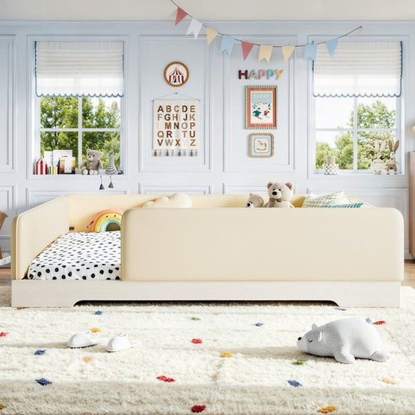 English Elm Queen Montessori Floor Bed Padded Faux Leather Kids Platform with Removable Rails Beige W1580S00673