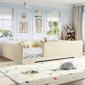 English Elm Queen Montessori Floor Bed Padded Faux Leather Kids Platform with Removable Rails Beige W1580S00673
