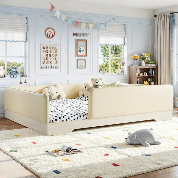 English Elm Queen Montessori Floor Bed Padded Faux Leather Kids Platform with Removable Rails Beige W1580S00673