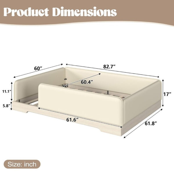 English Elm Queen Montessori Floor Bed Padded Faux Leather Kids Platform with Removable Rails Beige W1580S00673