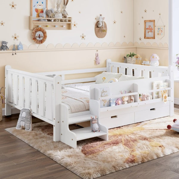 English Elm Full Size Pine Floor Bed with Guardrails Staircase Bookcase and Under Drawers for Kids White W1580S00674