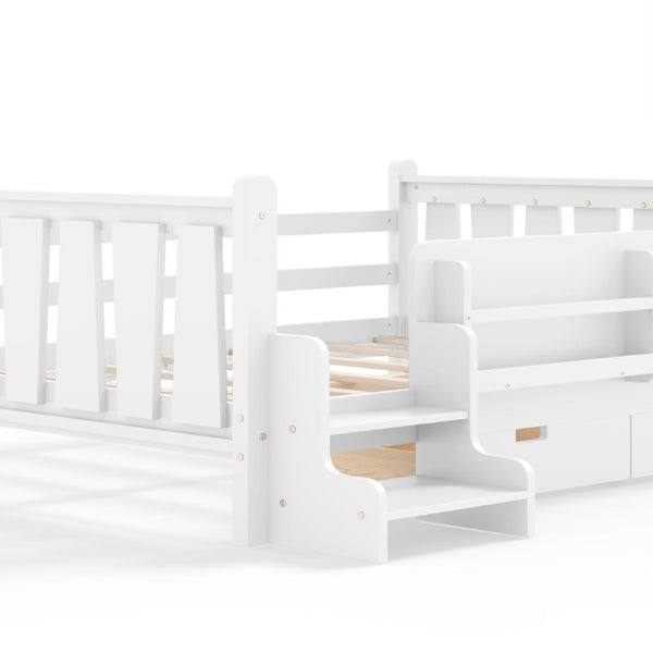 English Elm Full Size Pine Floor Bed with Guardrails Staircase Bookcase and Under Drawers for Kids White W1580S00674