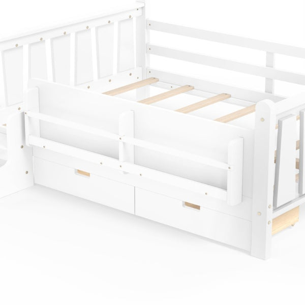 English Elm Full Size Pine Floor Bed with Guardrails Staircase Bookcase and Under Drawers for Kids White W1580S00674