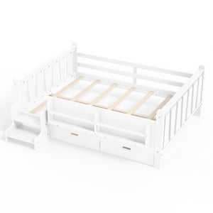 English Elm Full Size Pine Floor Bed with Guardrails Staircase Bookcase and Under Drawers for Kids White W1580S00674