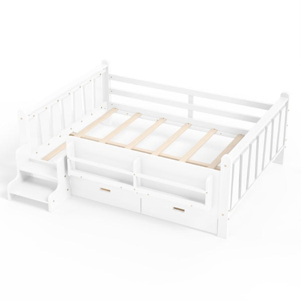 English Elm Full Size Pine Floor Bed with Guardrails Staircase Bookcase and Under Drawers for Kids White W1580S00674